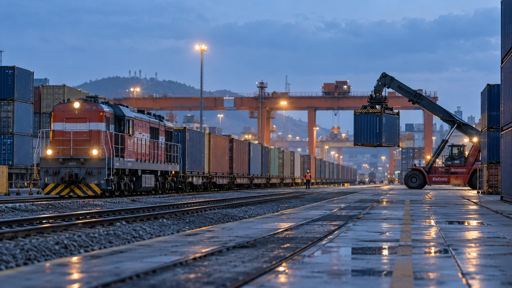 Container train carrying international rail freight